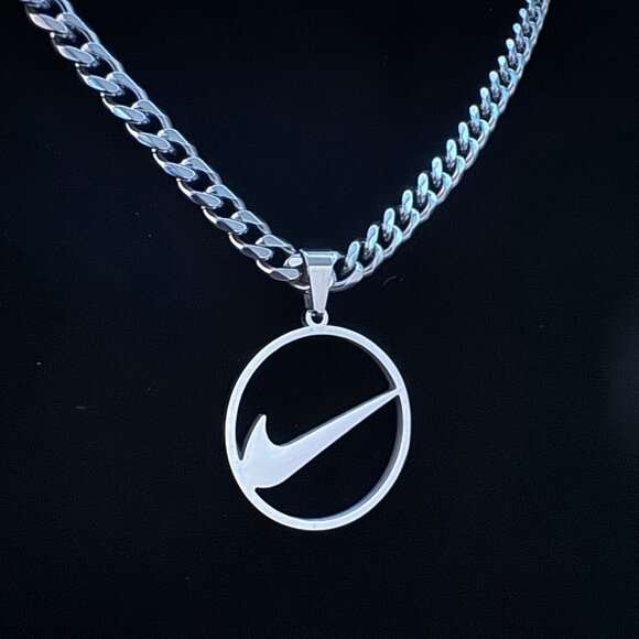 Nike Swoosh Necklace - Silver Plated - 5mm Cuban - 22" Chain - Easter Gift - Picture 1 of 3